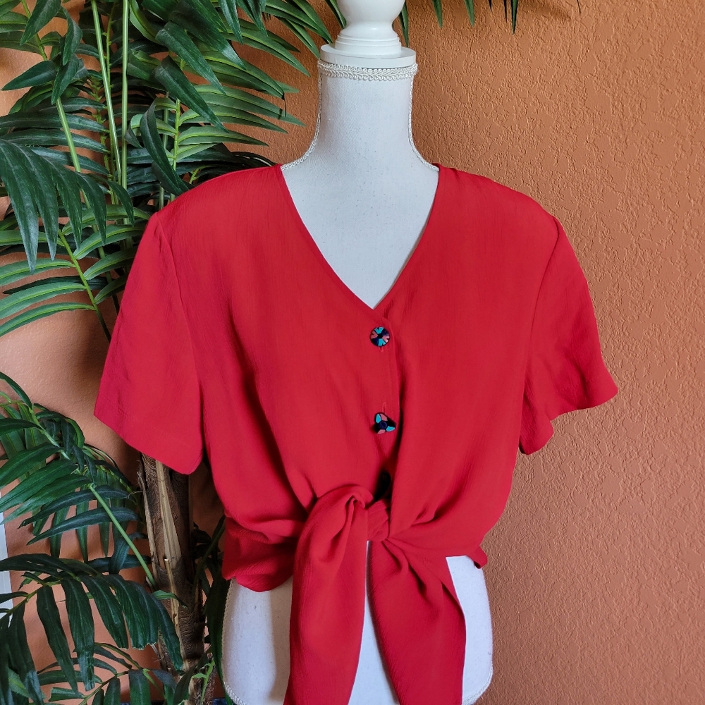 Vintage Sharon Anthony Red Blouse Buttons Made in USA Large